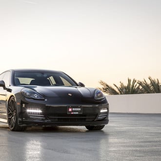 Dark Smoke Halo Headlights on Black Porsche Panamera - Photo by Vorstiner