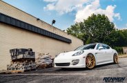 White Porsche Panamera Reworked with Gold Wheels and Crystal Clear Halo Headlights