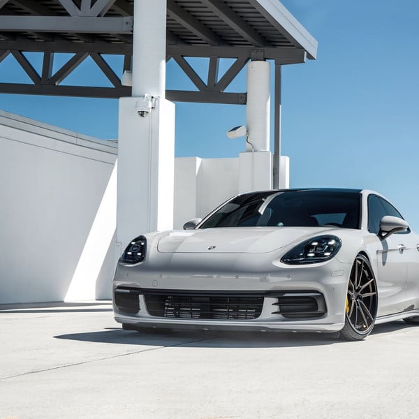 Gray Porsche Panamera with Dark Smoke Headlights - Photo by Anrky Wheels