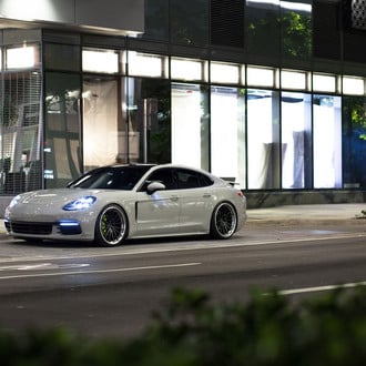 White Porsche Panamera with Custom LED Headlights - Photo by Anrky Wheels