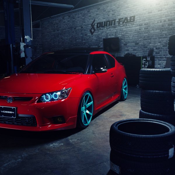 Red Scion TC with Custom Headlights - Photo by Vossen