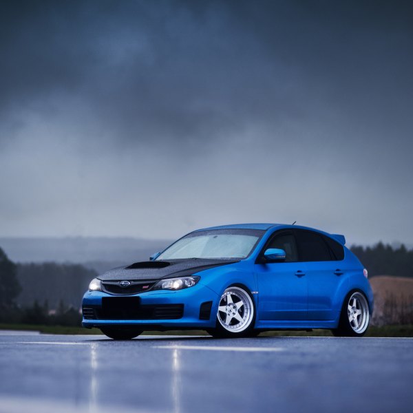 Custom Hood with Air Vent on Blue Subaru Impreza - Photo by JR Wheels