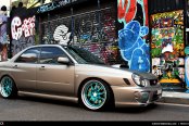 Absolute Show Stopper Gray Subaru WRX Customized and Put on Blue Avant Garde Wheels