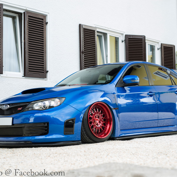 Aftermarket Hood on Blue Stanced Subaru WRX - Photo by Avant Garde Wheels