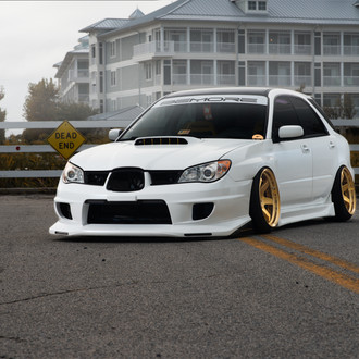 White Lowered Subaru WRX with Custom Hood - Photo by Rotiform