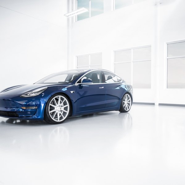 Blue Tesla Model 3 with Aftermarket Front Bumper - Photo by Vossen