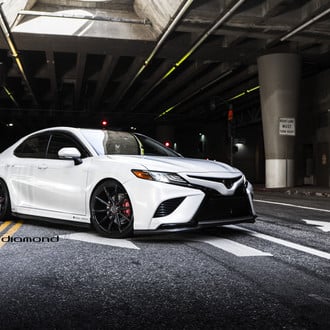 White Toyota Camry with Carbon Fiber Front Lip - Photo by Blaque Diamond Wheels