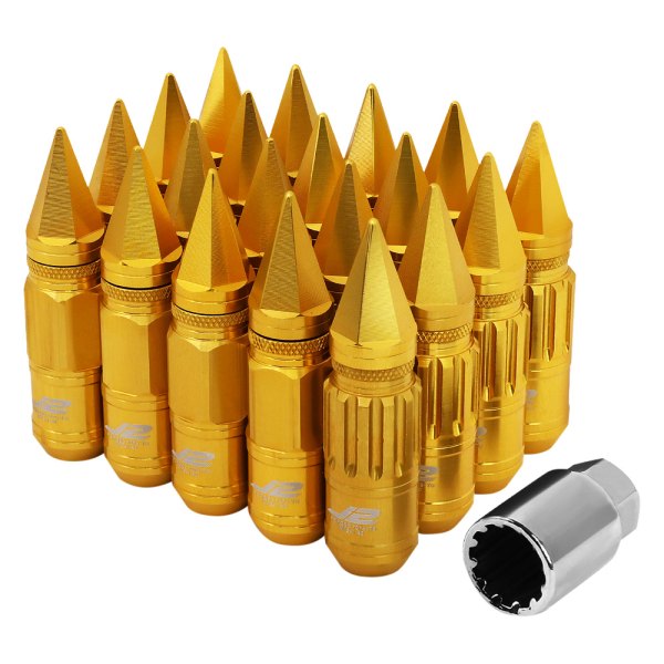 J2 Engineering® - Gold Cone Seat Removable Spike Cap Knurled Top Lug Wheel Installation Kit