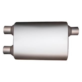 Jones Exhaust® - Flow Deflector Stainless Steel Oval Full Boar Performance Gray Exhaust Muffler (2.5" Offset ID, 2.5" Dual OD, 13" Length)