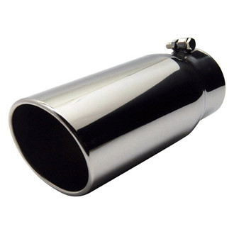 Jones Exhaust® - Stainless Steel Round Rolled Edge Angle Cut Bolt-On Polished Exhaust Tip (4" Inlet, 6" Outlet, 18" Length)