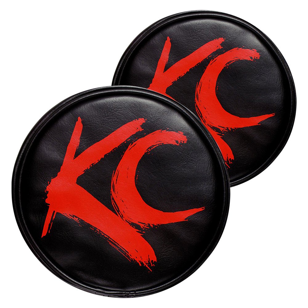Set of 2 KC HiLiTES 5110 6 Round Black Vinyl Light Cover w/ Red KC Logo 