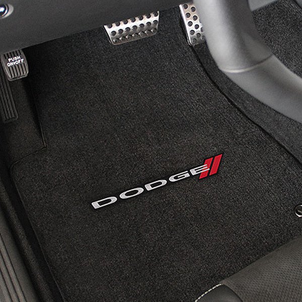 Velourtex™ Custom Fit 1st Row Ebony Floor Mats With Dodge Logo by Lloyd®