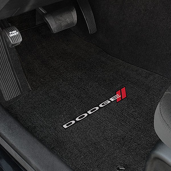 Velourtex™ Custom Fit 1st Row Ebony Floor Mats With Dodge Logo by Lloyd®