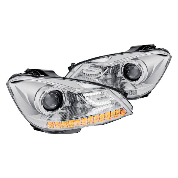 Lumen® - Chrome Projector Headlights with LED DRL and Turn Signal, Mercedes C Class