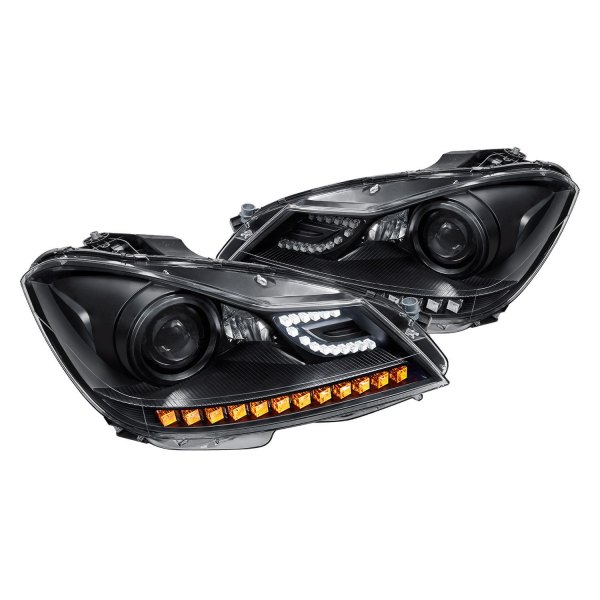 Lumen® - Black Projector Headlights with LED DRL and Turn Signal, Mercedes C Class
