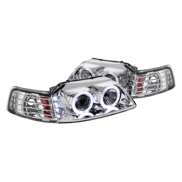 Lumen® - Chrome Halo Projector Headlights with Parking LEDs, Ford Mustang