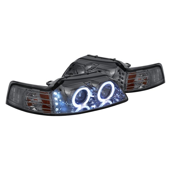 Lumen® - Chrome/Smoke Halo Projector Headlights with Parking LEDs, Ford Mustang