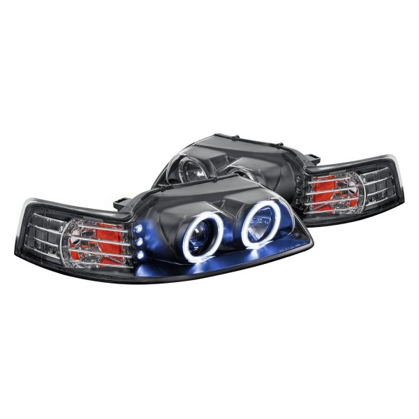 Lumen® - Black Halo Projector Headlights with Parking LEDs, Ford Mustang
