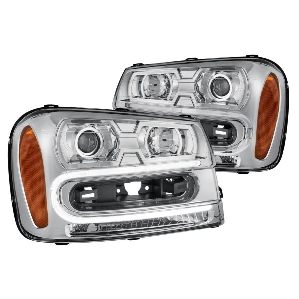Lumen® - Chrome LED DRL Bar Projector Headlights, Chevy Trailblazer