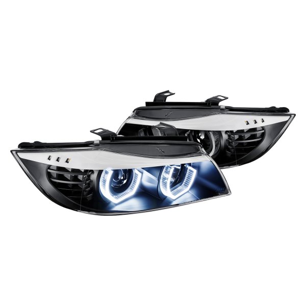 Lumen® - Black DRL Bar Projector Headlights with LED Turn Signal, BMW 3-Series