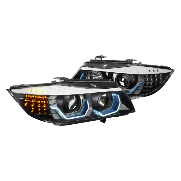 Lumen® - Black DRL Bar Projector Headlights with LED Turn Signal, BMW 3-Series