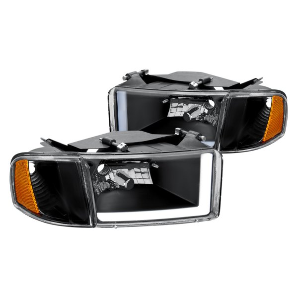 Lumen® - Black LED DRL Bar Euro Headlights with Turn Signal/Corner Lights, Dodge Ram
