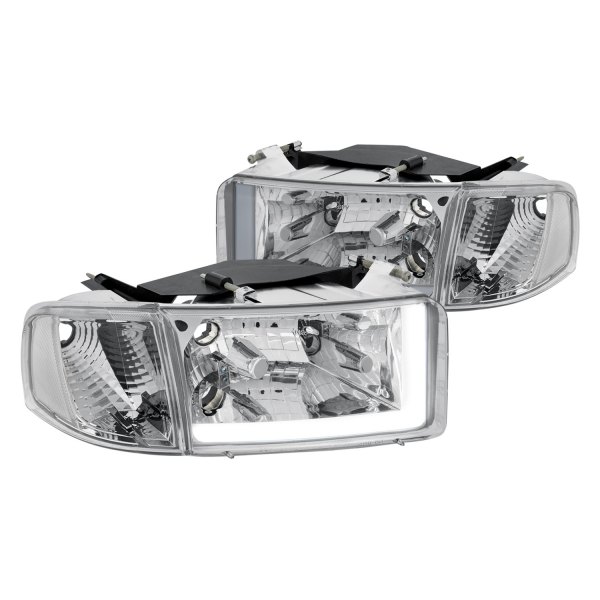 Lumen® - Chrome LED DRL Bar Euro Headlights with Turn Signal/Corner Lights, Dodge Ram