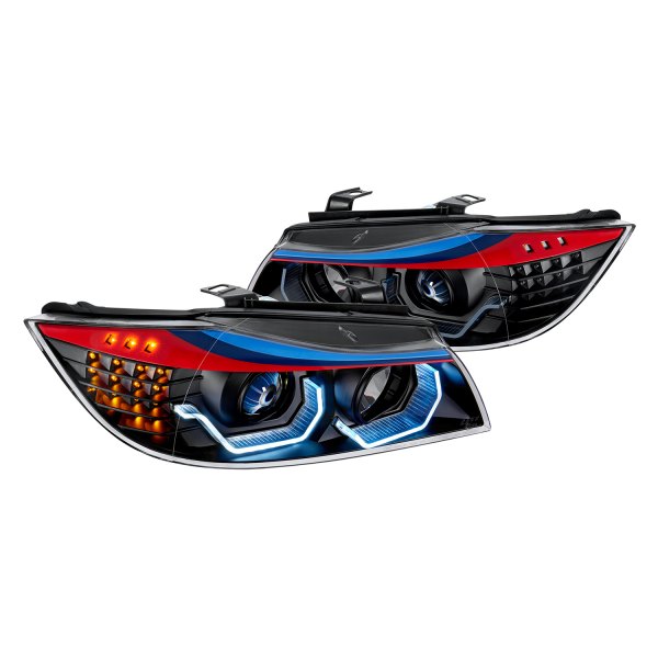Lumen® - M-Style Black DRL Bar Projector Headlights with LED Turn Signal, BMW 3-Series