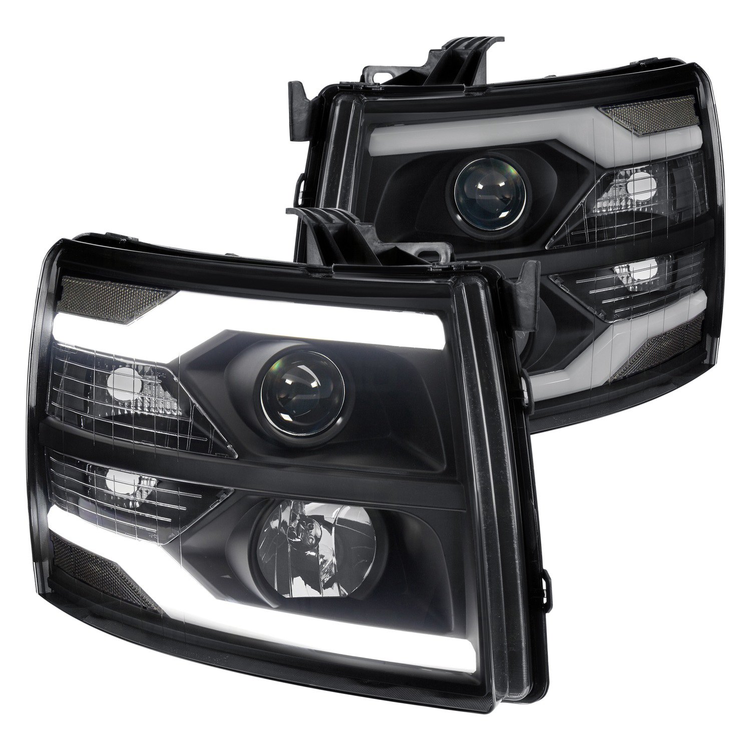 Fits 2007-2013 Chevy Silverado Dual DRL LED Tube Smoked Projector Headlights