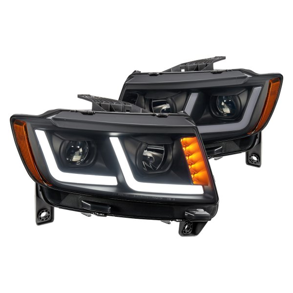 Lumen® - Black/Smoke DRL Bar Projector Headlights with LED Turn Signal, Jeep Grand Cherokee