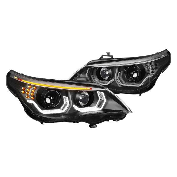 Lumen® - Black DRL Bar Projector Headlights with LED Turn Signal, BMW 5-Series