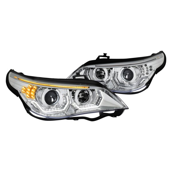 Lumen® - Chrome DRL Bar Projector Headlights with LED Turn Signal, BMW 5-Series