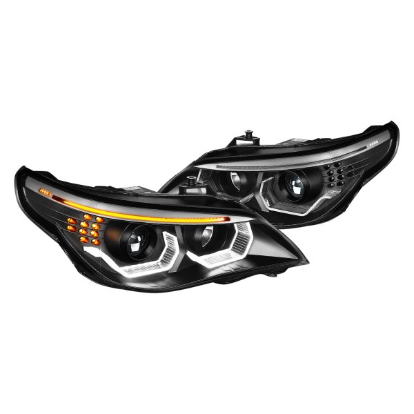 Lumen® - Black 3D Crystal DRL Bar Projector Headlights with LED Turn Signal, BMW 5-Series