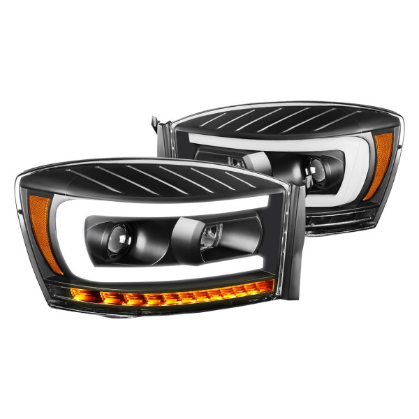 Lumen® - Black DRL Bar Projector Headlights with Sequential LED Turn Signal, Dodge Ram