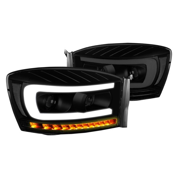Lumen® - Black/Smoke DRL Bar Projector Headlights with Sequential LED Turn Signal, Dodge Ram