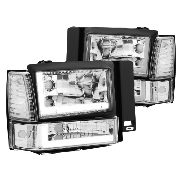 Lumen® - Chrome LED DRL Bar Euro Headlights with Turn Signal/Parking and Corner Lights, Ford Explorer