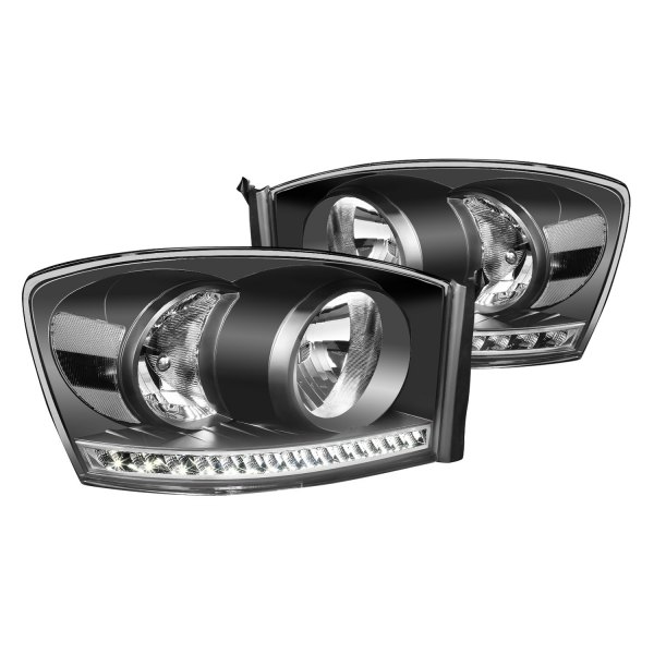 Lumen® - Black Euro Headlights with LED DRL, Dodge Ram
