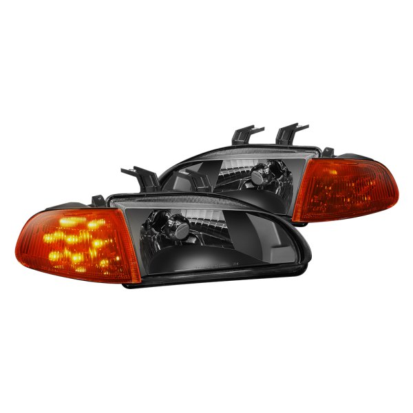 Lumen® - Black Euro Headlights with LED Turn Signal/Corner Lights, Honda Civic