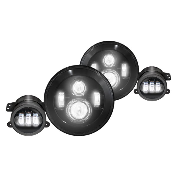 Lumen® - 7" Round Black Projector LED Headlights + Fog Lights