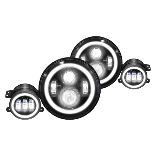 Lumen® - 7" Round Black Swithcback Halo Projector LED Headlights + Fog Lights
