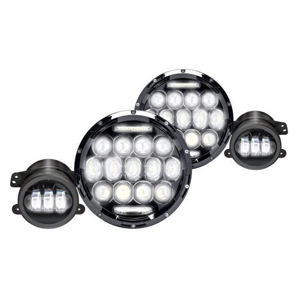 Lumen® - 7" Round Black Projector LED Headlights with DRL + Fog Lights