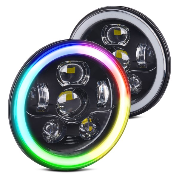 Lumen® - 7" Round Black Projector LED Headlights with Bluetooth App Controlled RGB Color Halo