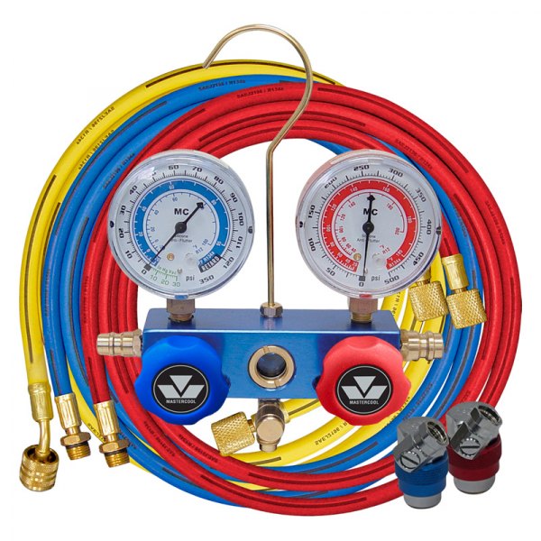 Mastercool® - Aluminum R-134a 2-Way Manifold Gauge Set with 72" Hoses, E-Z Snap™ Couplers and Gauge Protectors