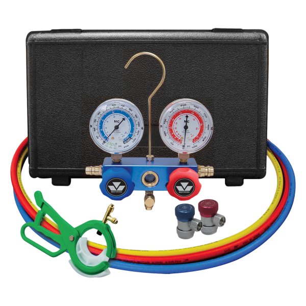 Mastercool® - Aluminum R-134a 2-Way Manifold Gauge Set with 60" Hoses, Manual Couplers and 3-in-1 Side Mount Can Tap Valve