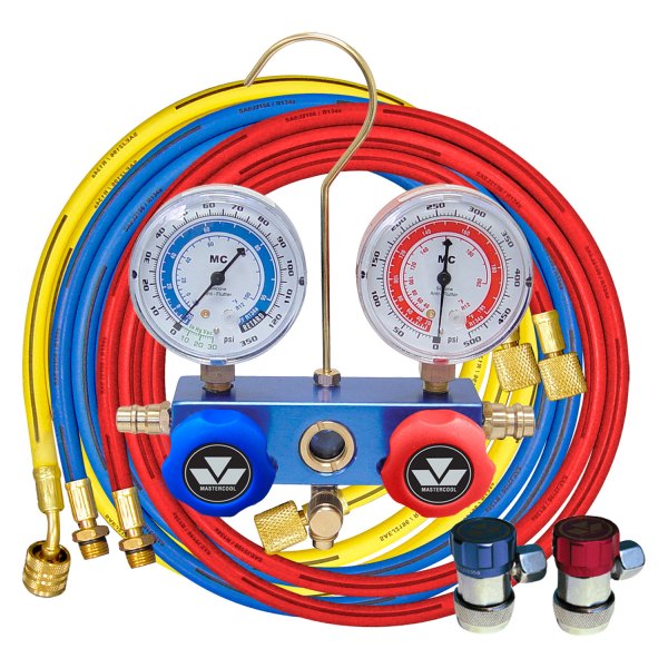 Mastercool® - Aluminum R-134a 2-Way Manifold Gauge Set with 72" Hoses, Automatic Shut-Off Valve and Manual Couplers