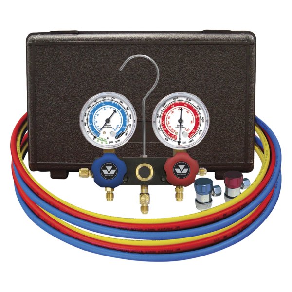 Mastercool® - Brass R-12, R-134a Dual Manifold Gauge Set with 72" Nylon Barrier Ball Valve Hoses and Manual Shut-Off Valves