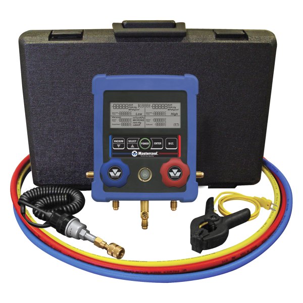Mastercool® - HVAC 2-Way Digital Manifold Gauge Set with 72" Manual Shut-Off Valve Hoses, Vacuum Sensor, Cable and Clamp-On Thermocouple