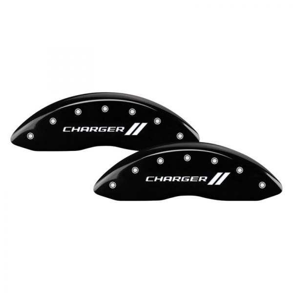 MGP® - Gloss Black Front Caliper Covers with Charger and Stripes Engraving (Full Kit, 4 pcs)