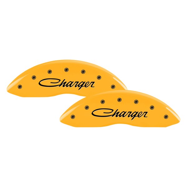 MGP® - Gloss Yellow Front Caliper Covers with Charger Cursive Engraving (Full Kit, 4 pcs)