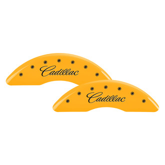 MGP® - Gloss Yellow Caliper Covers with Cadillac Cursive Engraving (Full Kit, 4 pcs)